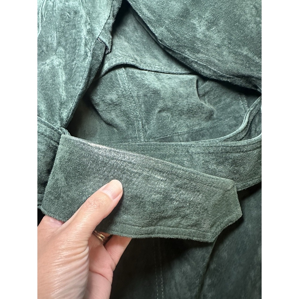 AVEC LES FILLES Foliage Green MEDIUM Genuine Suede Belted Trench Coat Luxury - Picture 8 of 16